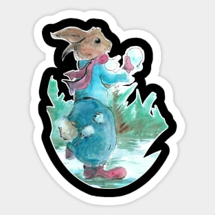 Rabbit throwing snowballs 22/11/23 - vintage Christmas inspired designs Sticker